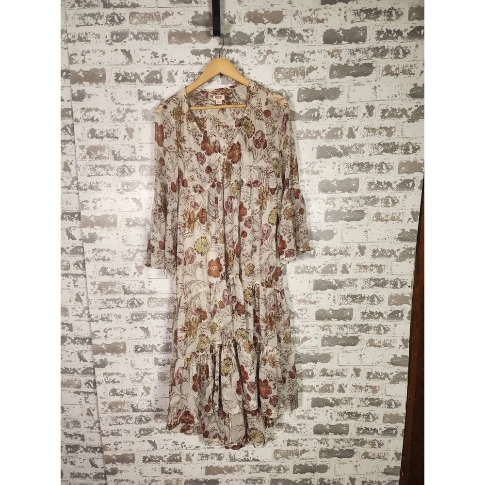 Boho Cottagecore Maxi‎ High Low Dress Small Beige Floral Tiered Peasant Hippie